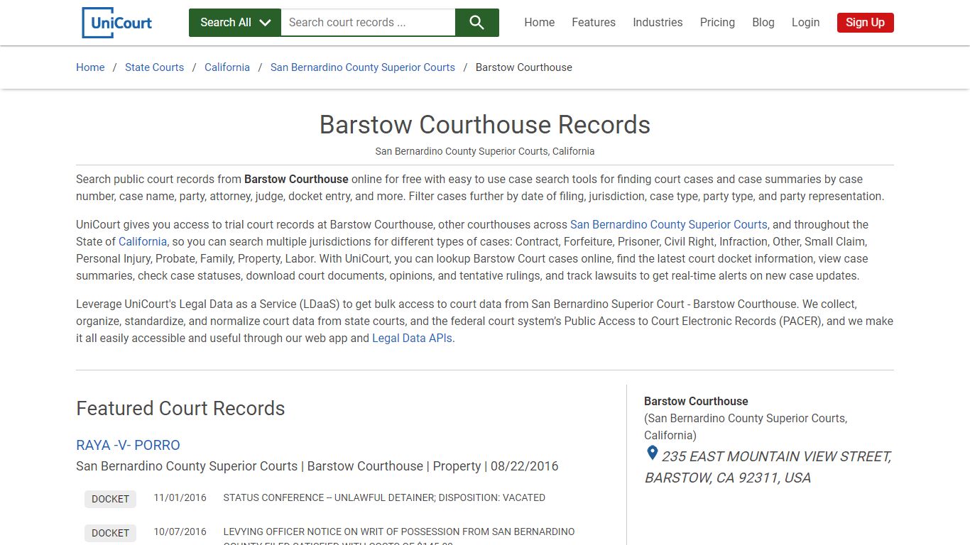 Barstow District Courthouse Records | San Bernardino | UniCourt